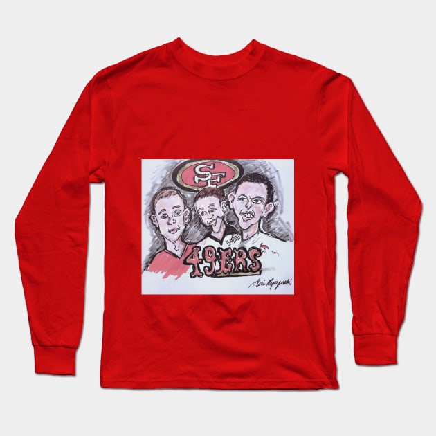 San Francisco 49ers Kyle Shanahan, Christian McCaffrey, and Brock Purdy Long Sleeve T-Shirt by TheArtQueenOfMichigan 